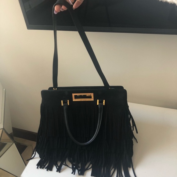YSL Med Trois Clous Black Suede Fringe Tote - Picture 5 of 8